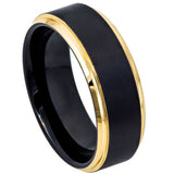 Tungsten Ring Two-Tone Black & Yellow Gold IP Brushed Center Stepped Edge – 8mm
