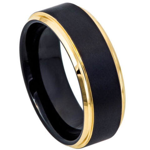 Tungsten Ring Two-Tone Black & Yellow Gold IP Brushed Center Stepped Edge – 8mm