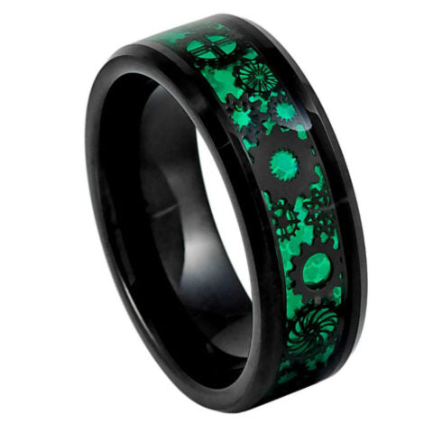Black ring with green gear design on a white background