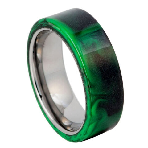 Green and black ring with metallic core on a white background