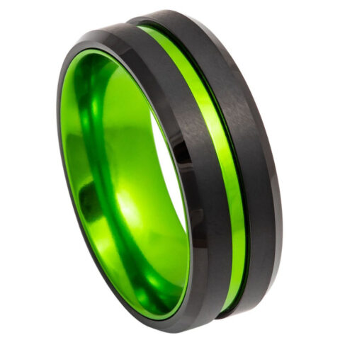 Black Tungsten Wedding Band with Purple Accent Channel and Purple Interior