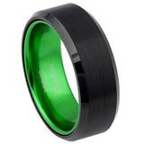 Black and green ring with 'Tungsten Carbide' branding on a white background