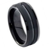 Tungsten Ring Black IP Plated Shiny Grooved Center Brushed Beveled Edge – 8mm