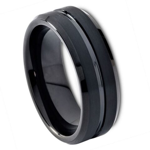 Tungsten Ring Black IP Plated Shiny Grooved Center Brushed Beveled Edge – 8mm