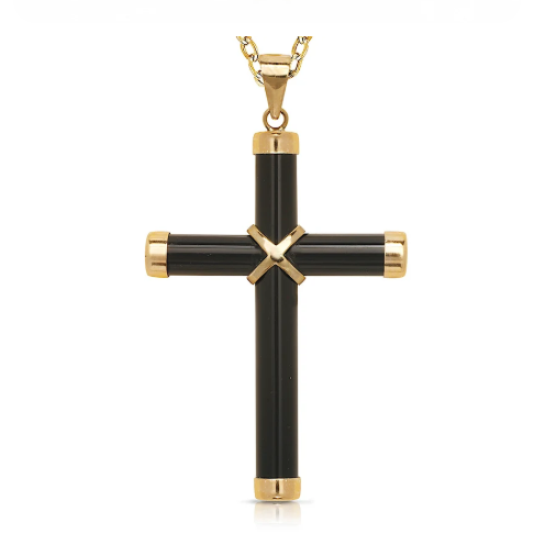 A gold and black cross pendant necklace with a polished gold 'X' at the center, shown on a clean white background.