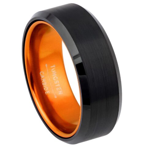 Black Brushed Tungsten Wedding Band with Orange Interior and Beveled Edge