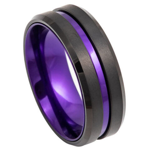 Black Tungsten Wedding Band with Purple Accent Channel and Purple Interior