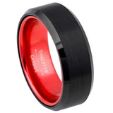 Black Brushed Tungsten Wedding Band with Red Interior and Beveled Edge