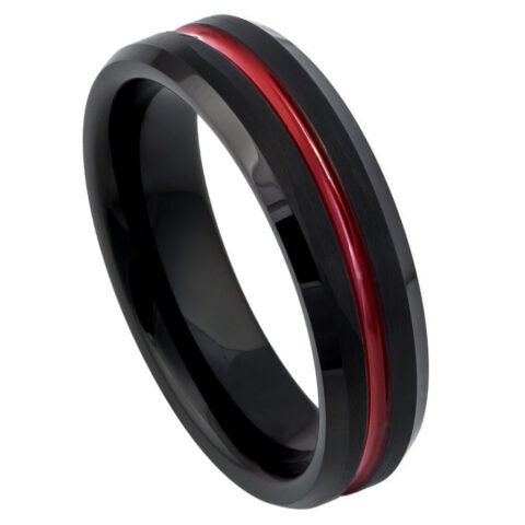 Tungsten Ring Red IP Plated Grooved Center, Black Brushed Beveled Edge – 6mm