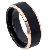 Tungsten Ring Two-Tone Black IP Rose Gold IP Brushed Center Beveled Edge – 8mm