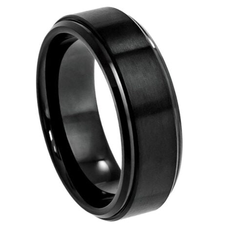 Tungsten Ring Black IP Plated Flat Brushed Center with High Polished Stepped Edge 