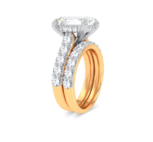 14K two-tone lab diamond solitaire bridal set with hidden halo