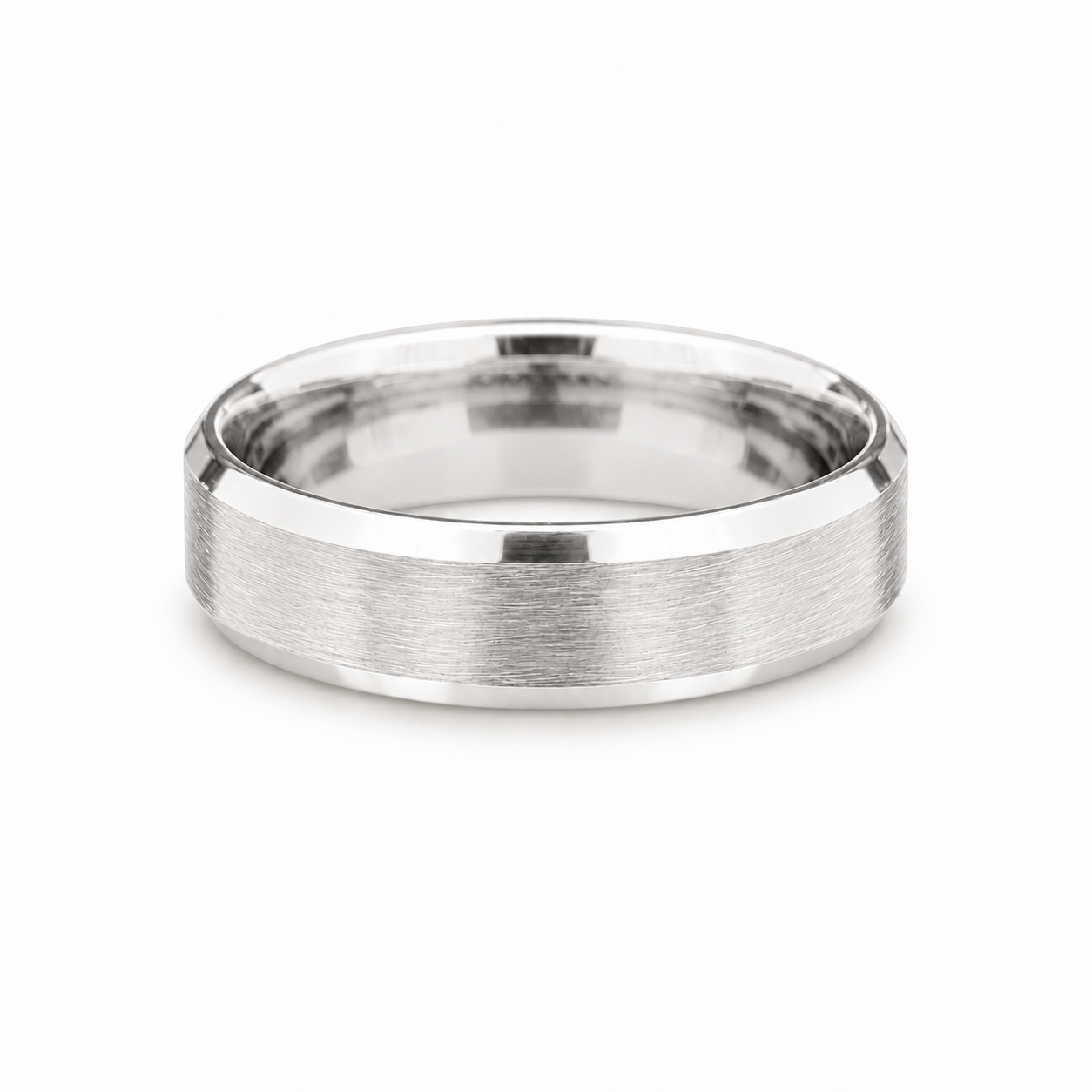 Brushed white gold wedding band with polished beveled edges available at Solomon jeweler Wichita Kansas.