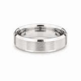 Brushed white gold wedding band with polished beveled edges available at Solomon jeweler Wichita Kansas.