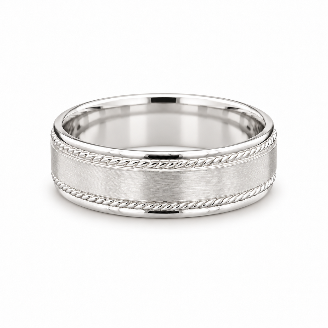 Brushed white gold men’s wedding band with polished rope-edge details.
