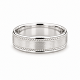 Brushed white gold men’s wedding band with polished rope-edge details.