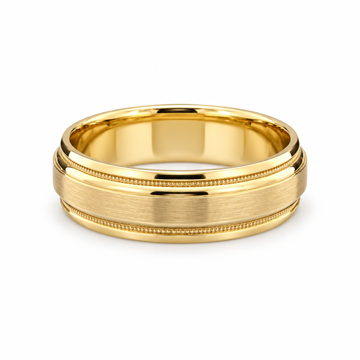Brushed yellow gold men’s wedding band with polished rails and milgrain edges on a white background