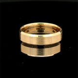 14 Karat Brushed yellow gold wedding band with polished beveled edges.