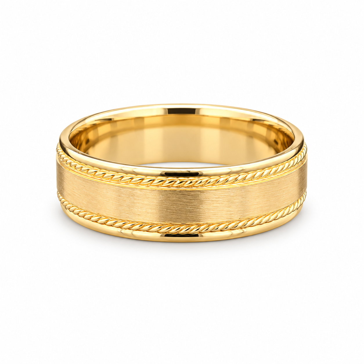 Brushed yellow gold men’s wedding band with polished rope-edge details available at solomon jeweler kansas.