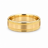 Brushed yellow gold men’s wedding band with polished rope-edge details available at solomon jeweler kansas.