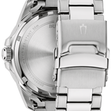 Close-up of the back of a stainless steel watch with a matching metal link bracelet, showing the brushed case back, crown, and clasp on a white background.