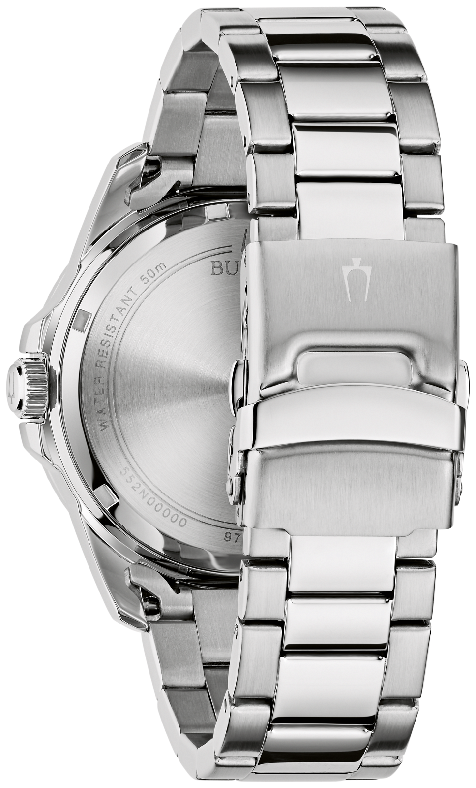 Close-up of the back of a stainless steel watch with a matching metal link bracelet, showing the brushed case back, crown, and clasp on a white background.