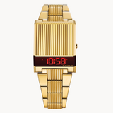 Bulova Computron Archive Series digital display watch with sleek black band and modern design.