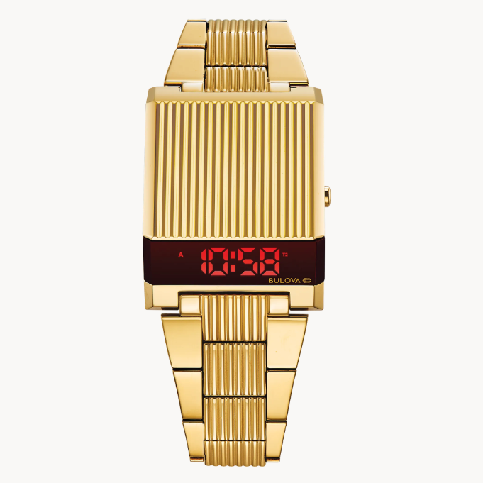 Bulova Computron Archive Series digital display watch with sleek black band and modern design.