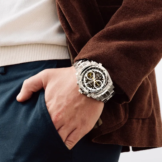 Bulova Icon Precisionist watch with stainless steel case and black dial, showcasing the elegant design and precise movement.