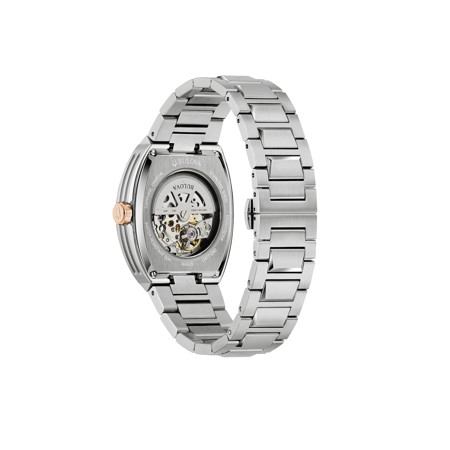 The blue patterned dial with black dial ring and bridges has rose-gold tone hands and markers with luminescent fill and a central aperture revealing the inner workings of the 21-jewel automatic, also visible through a transparent case back.