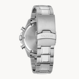 Six hand calendar chronograph in stainless steel with silver-tone finish and blue dial.