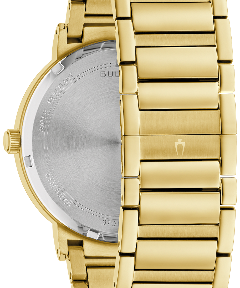 Gold-tone stainless steel watch with a matching metal link bracelet, shown from the back to reveal a brushed silver-tone case back and a gold-tone bracelet.