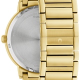 Gold-tone stainless steel watch with a matching metal link bracelet, shown from the back to reveal a brushed silver-tone case back and a gold-tone bracelet.