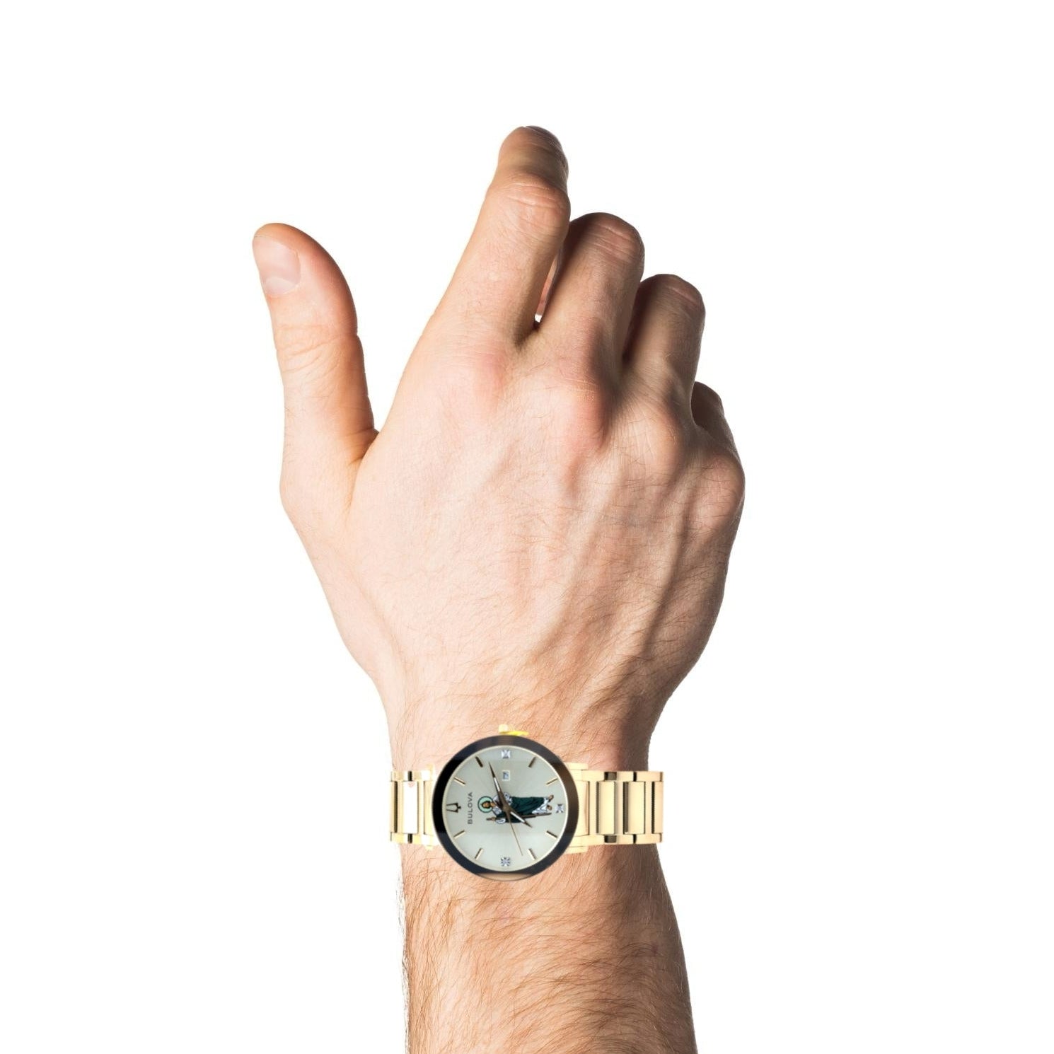 Bulova Saint Jude men's diamond watch with silver band and round dial, featuring diamond accents and elegant design.