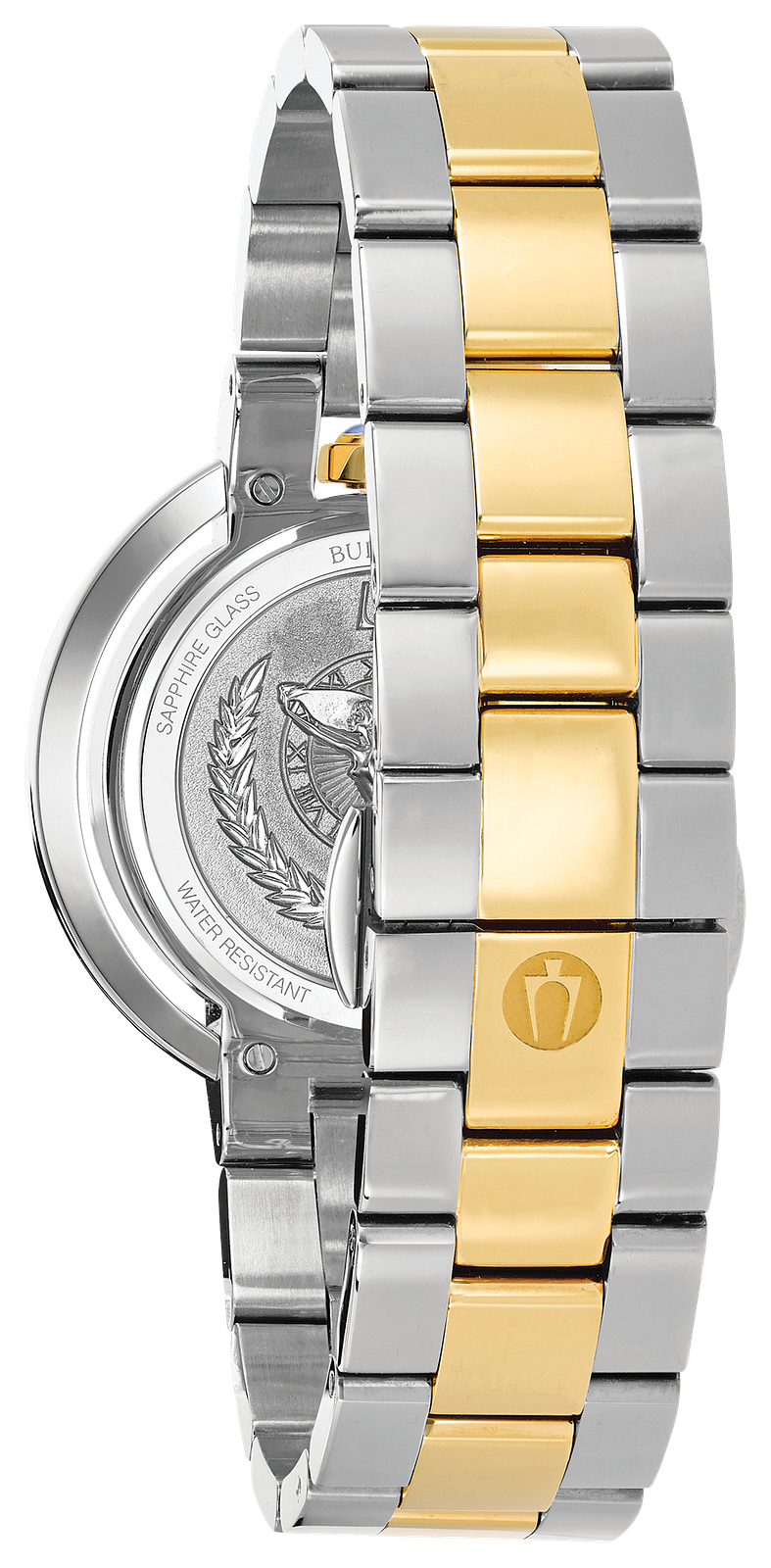 Close-up of the back of a two-tone stainless steel and gold link watch bracelet, showing the polished metal case and engraved details.