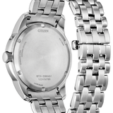 Citizen stainless steel watch shown from the back, featuring a silver-tone metal link bracelet and a brushed metal case on a white background.