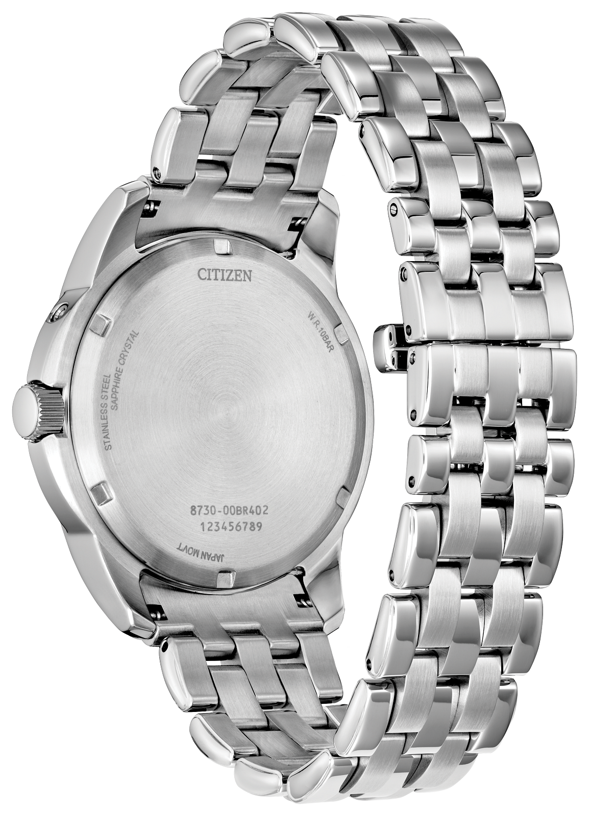 Citizen stainless steel watch shown from the back, featuring a silver-tone metal link bracelet and a brushed metal case on a white background.