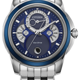 Citizen Eco-Drive watch with a silver stainless steel case and link bracelet, featuring a blue dial with day, date, and week indicators.
