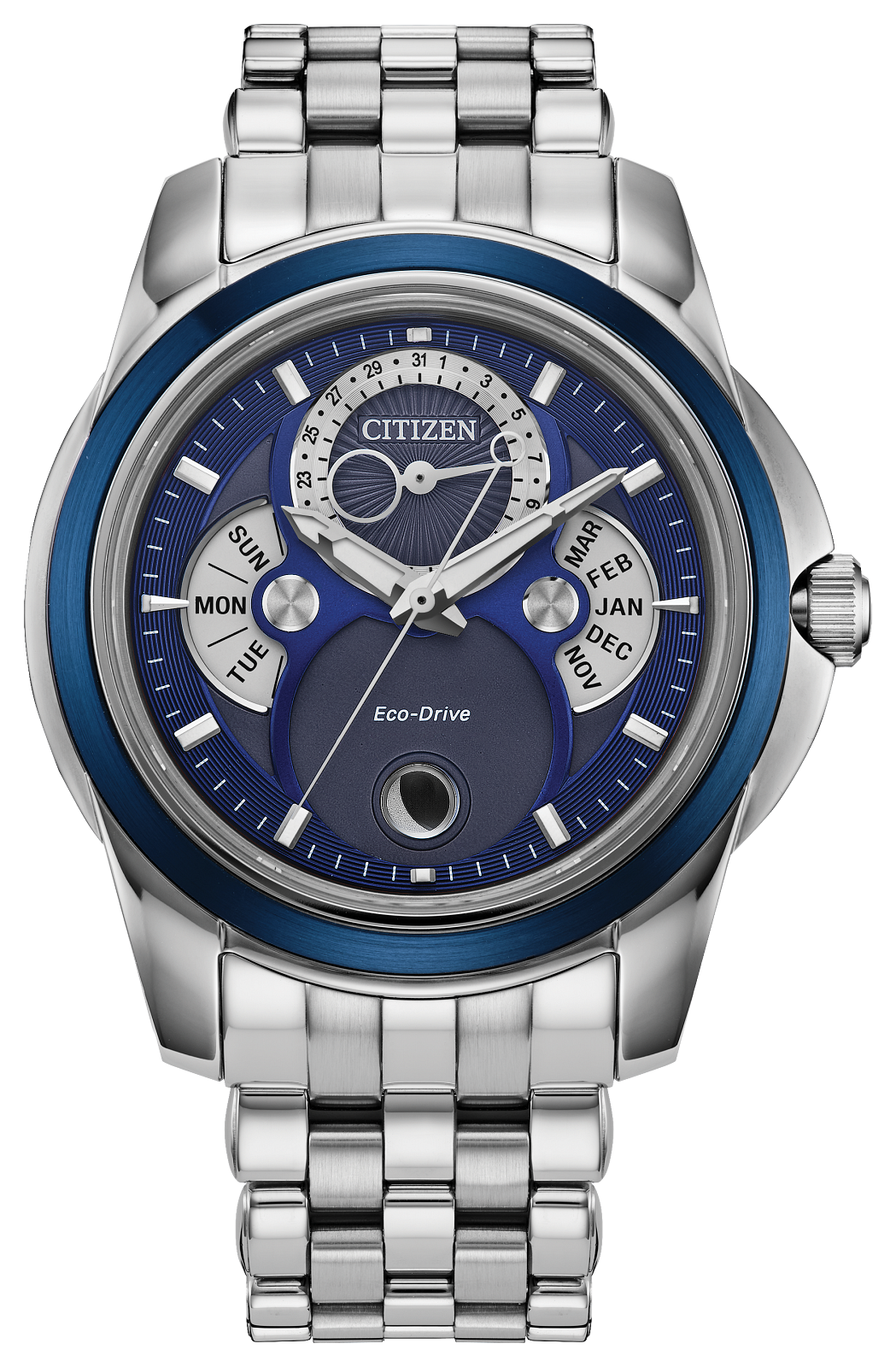 Citizen Eco-Drive watch with a silver stainless steel case and link bracelet, featuring a blue dial with day, date, and week indicators.
