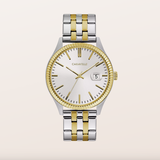 A Caravelli men's watch featuring a two-tone silver and gold stainless steel link bracelet, a gold-tone fluted bezel, and a white dial with gold hands and a date window.