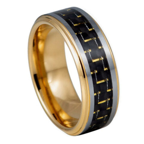 Gold ring with black and gold carbon fiber inlay on a white background