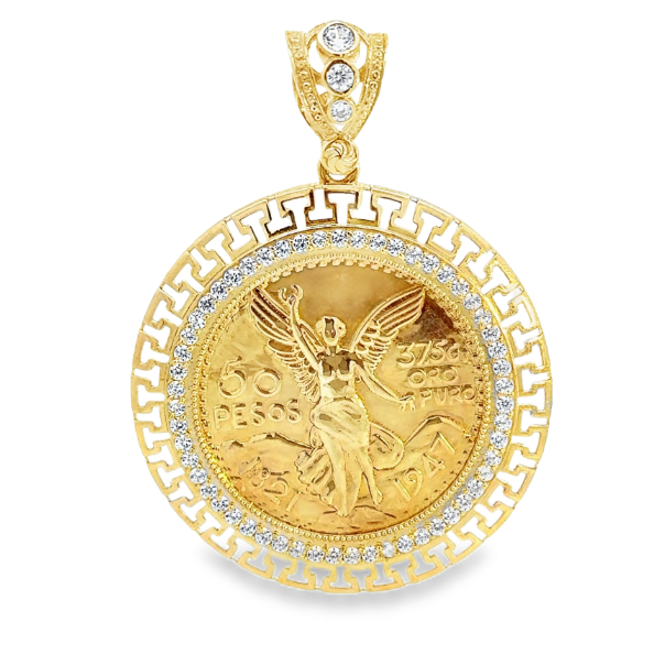 10Karat Yellow Gold 50 Pesos Centenario Coin Pendant with CZ Border - Solomon Jewelers