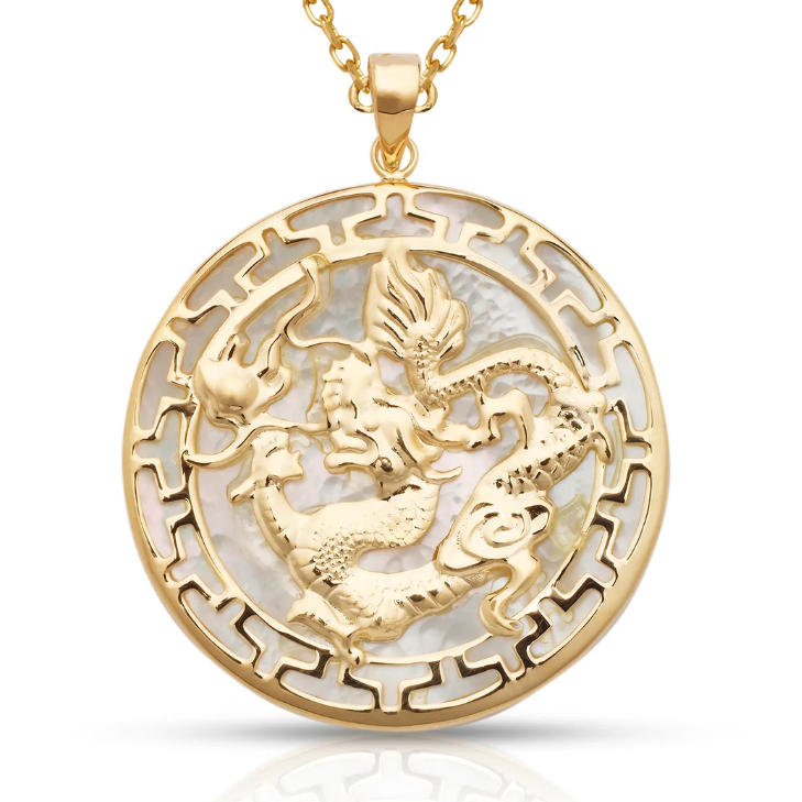 Yellow gold round pendant with green jade, raised Chinese dragon design and Greek-key border on a white background