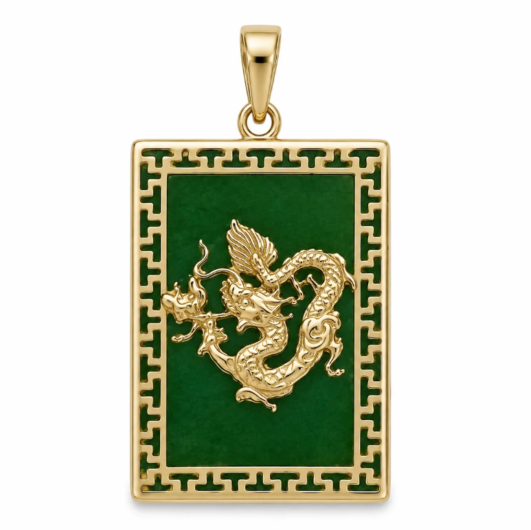 Gold rectangular pendant featuring a green inlay background with a raised gold dragon motif and a geometric border, shown on a plain white background.