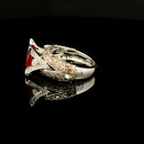 14K white gold ring with cushion-cut natural ruby, chocolate diamond pave accents and split-shank design