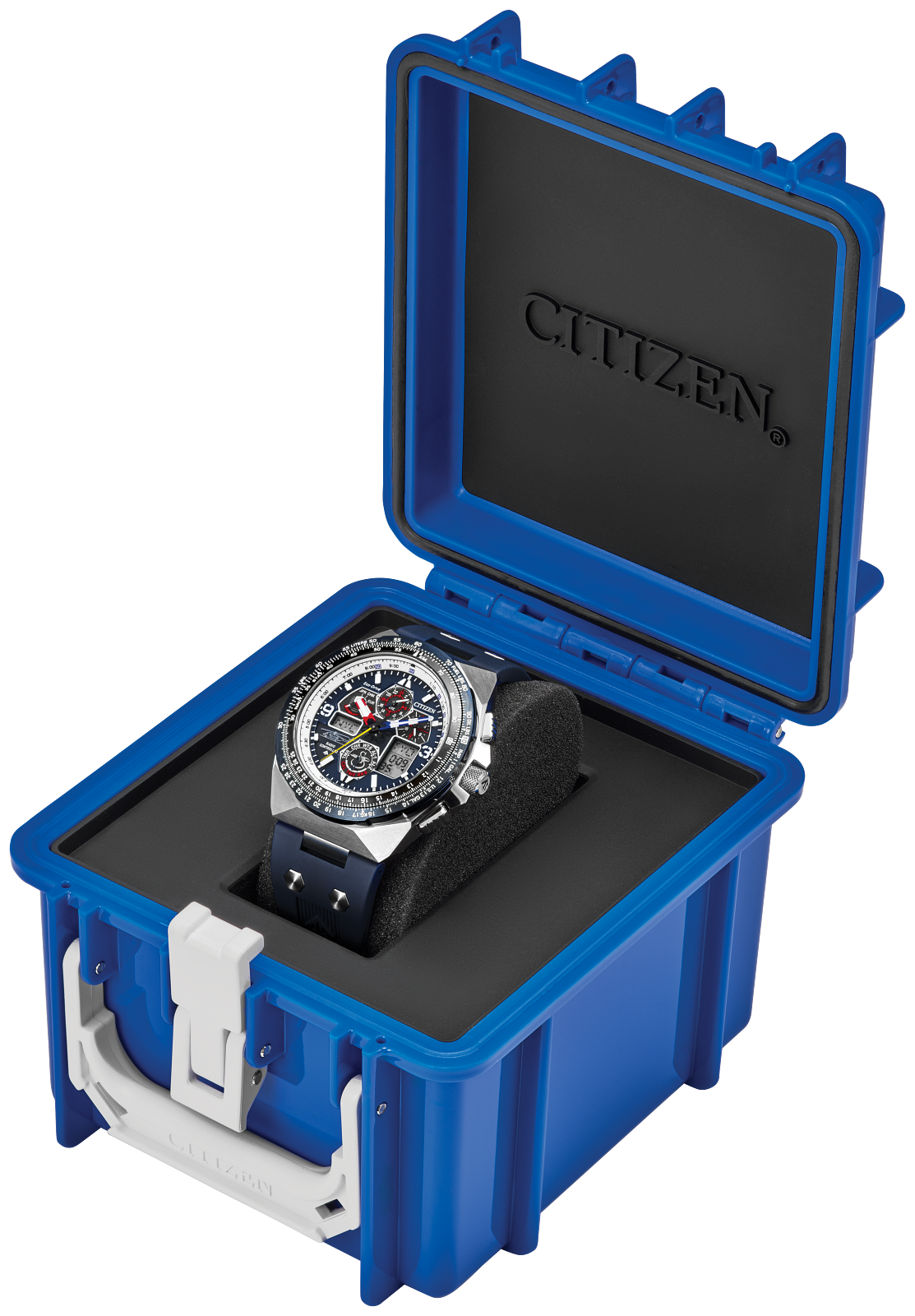 A Citizen watch with a silver-toned case and black dial is displayed inside an open bright blue hard case with a black interior. The brand name CITIZEN is embossed on the inside lid.