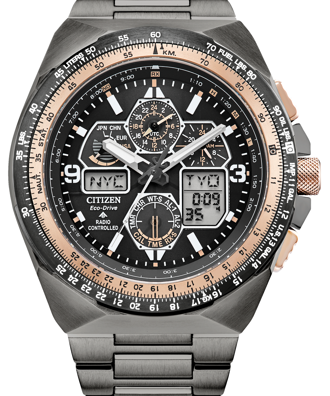 Citizen Pilot chronograph watch with a dark gray gunmetal case, black dial, and rose gold accents, featuring multiple subdials and a digital display on a white background.
