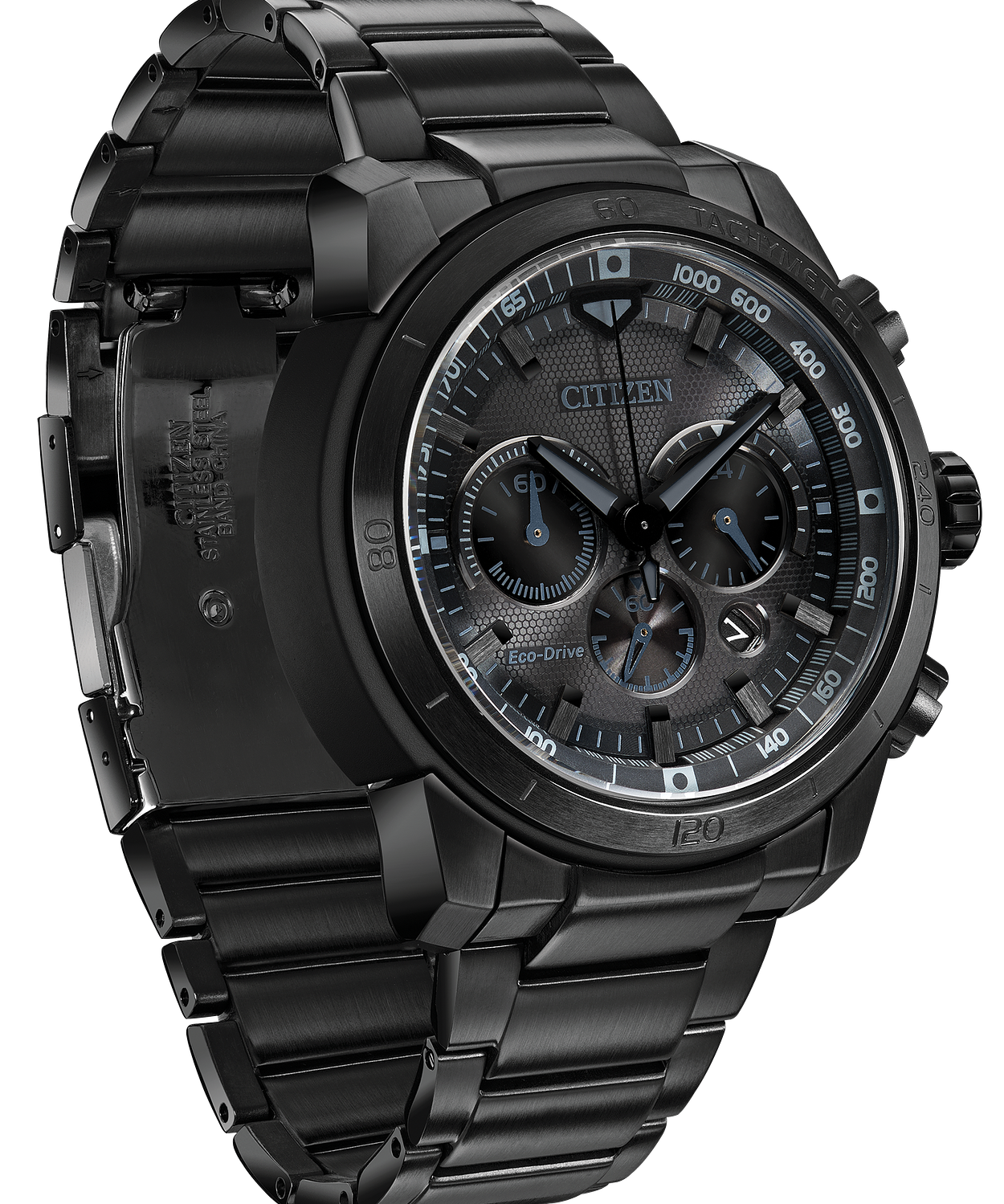 Citizen Eco-Drive watch in a matte black stainless steel case and link bracelet, featuring a dark gray dial with black subdials and white markings.