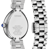 The back view of a Citizen Eco-Drive stainless steel watch with a silver link bracelet, showing the engraved case details and a small blue accent screw on the side.