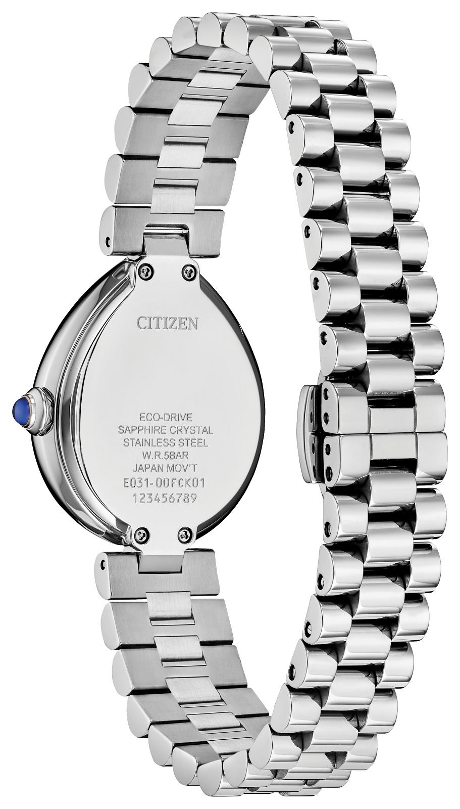 The back view of a Citizen Eco-Drive stainless steel watch with a silver link bracelet, showing the engraved case details and a small blue accent screw on the side.
